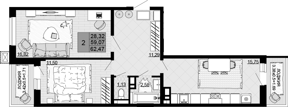 2-комн., 59.07 м², 8/12 этаж, ЖК «Дружба»