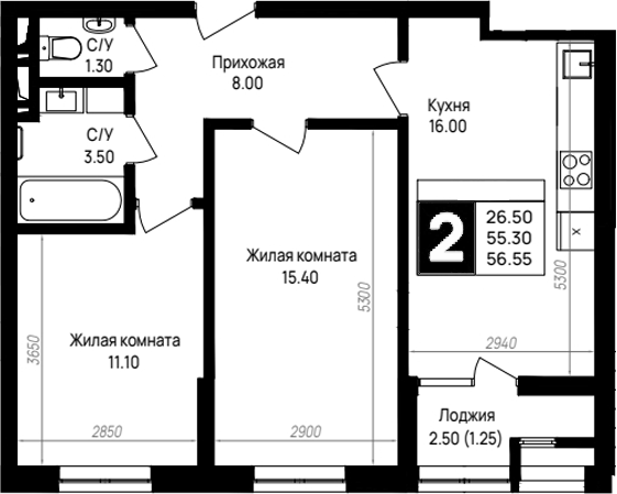 2-комн., 55.3 м², 2/9 этаж, ЖК «На высоком берегу»