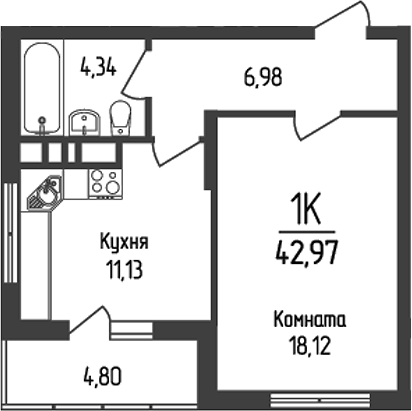 1-комн., 40.57 м², 4/18 этаж, ЖК «Кумир»