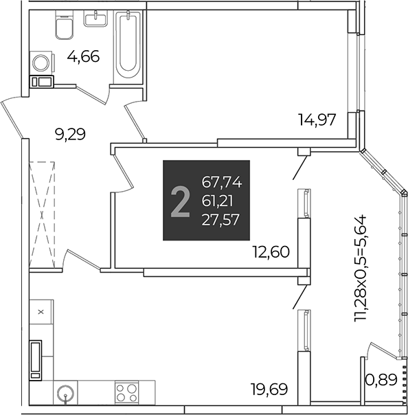 2-комн., 61.21 м², 12/21 этаж, ЖК «Образцово»