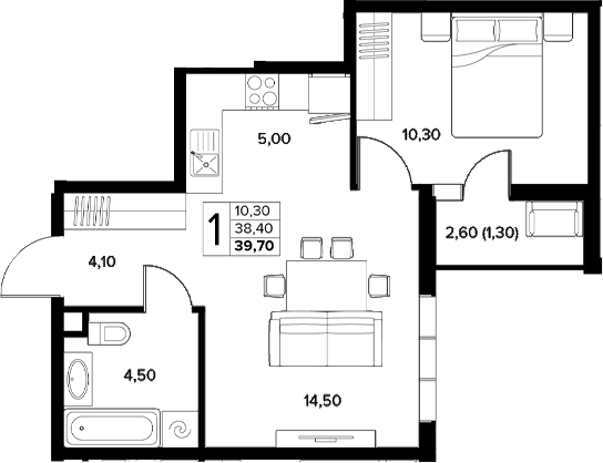 1-комн., 38.4 м², 2/7 этаж, ЖК «Кипарис»