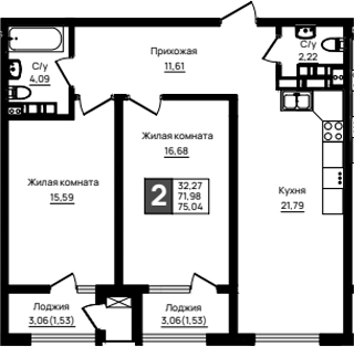 2-комн., 71.98 м², 12/18 этаж, ЖК «Резиденция морей»