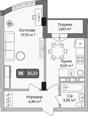 1-комн., 34.9 м², 8/9 этаж, ЖК «Опера»