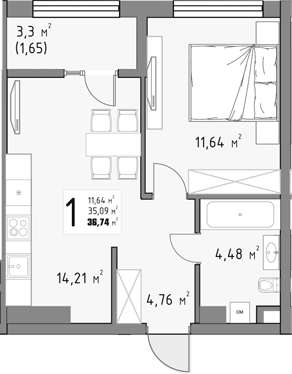 1-комн., 35.09 м², 14/15 этаж, ЖК «Коллекция»
