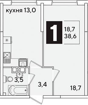 1-комн., 38.6 м², 3/16 этаж, ЖК «Самолет»