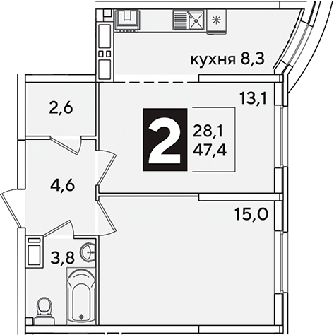 2-комн., 47.4 м², 10/16 этаж, ЖК «Самолет»