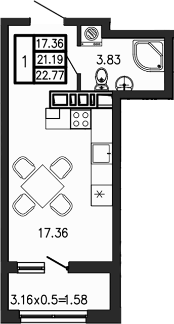 Студия, 21.19 м², 5/9 этаж, ЖК «Суворов»