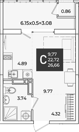 Студия, 22.72 м², 13/18 этаж, ЖК «Образцово»