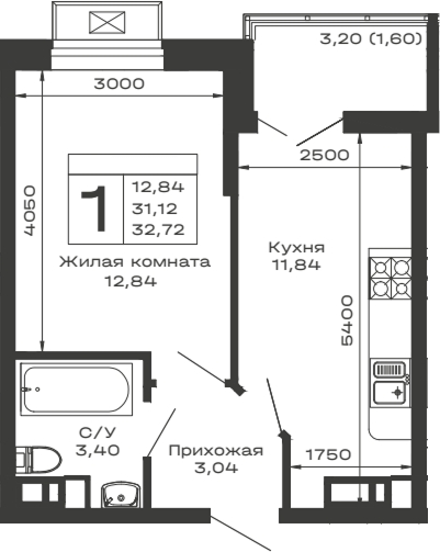 1-комн., 31.12 м², 10/14 этаж, ЖК «Долина»