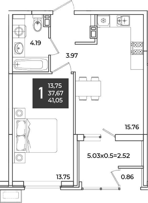 1-комн., 37.67 м², 3/18 этаж, ЖК «Образцово»