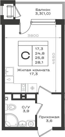 Студия, 24.8 м², 7/12 этаж, ЖК «Нагория»