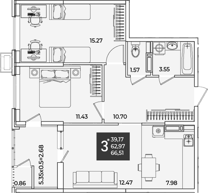 2-комн., 62.97 м², 17/18 этаж, ЖК «Образцово»