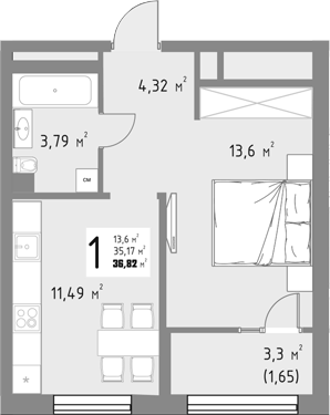 Продается 1-комн. квартира, 33.2 м²