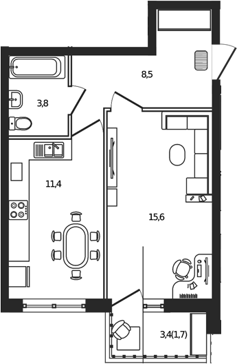 1-комн., 39.3 м², 4/9 этаж, ЖК «Сиреневый бульвар»