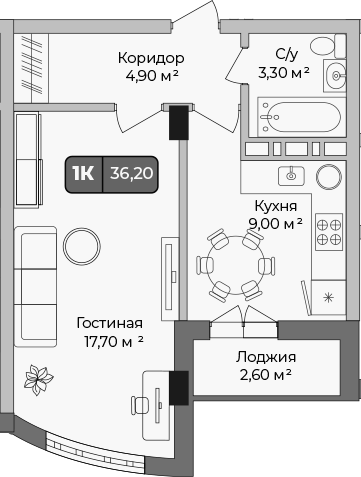 1-комн., 34.9 м², 2/9 этаж, ЖК «Опера»