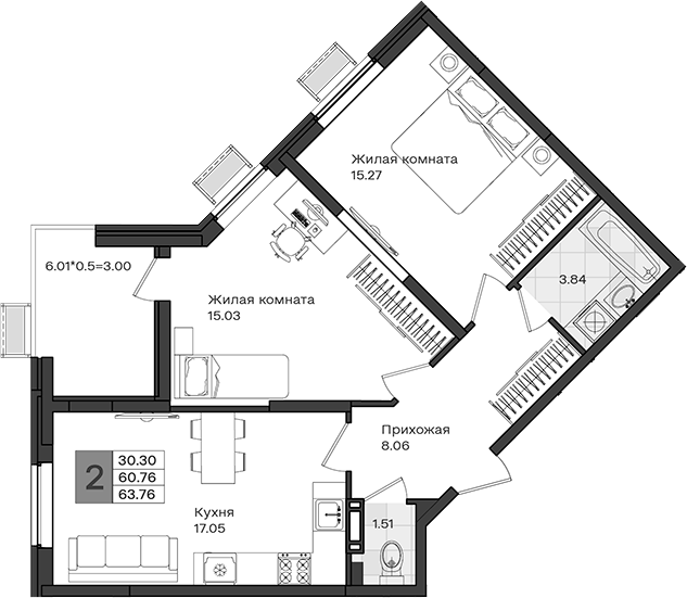 2-комн., 60.76 м², 6/8 этаж, ЖК «МОНО квартал»