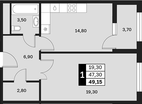 1-комн., 47.3 м², 7/15 этаж, ЖК «Аксис Патриот»