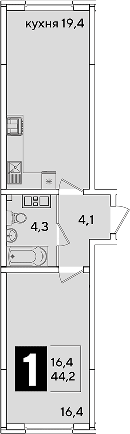 2-комн., 44.2 м², 7/16 этаж, ЖК «Самолет»