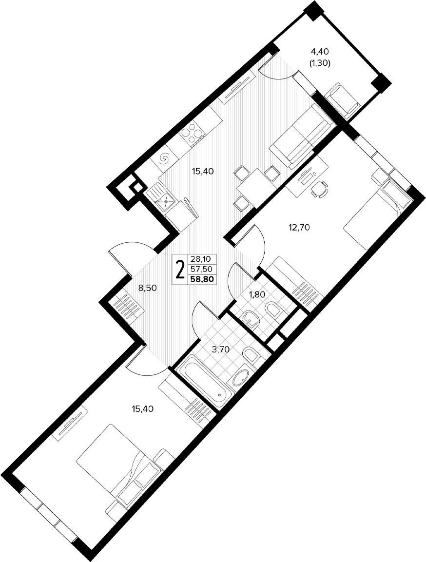 2-комн., 57.5 м², 4/8 этаж, ЖК «Кипарис»