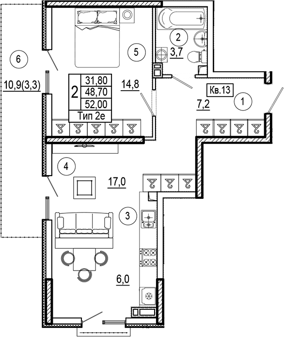 1-комн., 48.7 м², 2/7 этаж, ЖК «Аnapolis Residence»