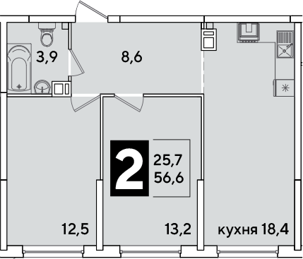 3-комн., 56.6 м², 5/16 этаж, ЖК «Самолет»