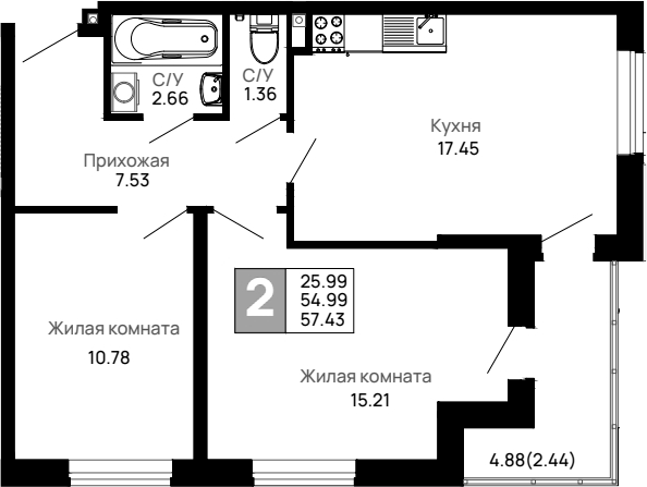 2-комн., 54.99 м², 2/13 этаж, ЖК «Долина»