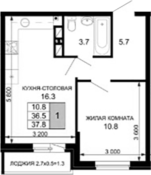 1-комн., 36.5 м², 12/16 этаж, ЖК «Дыхание»