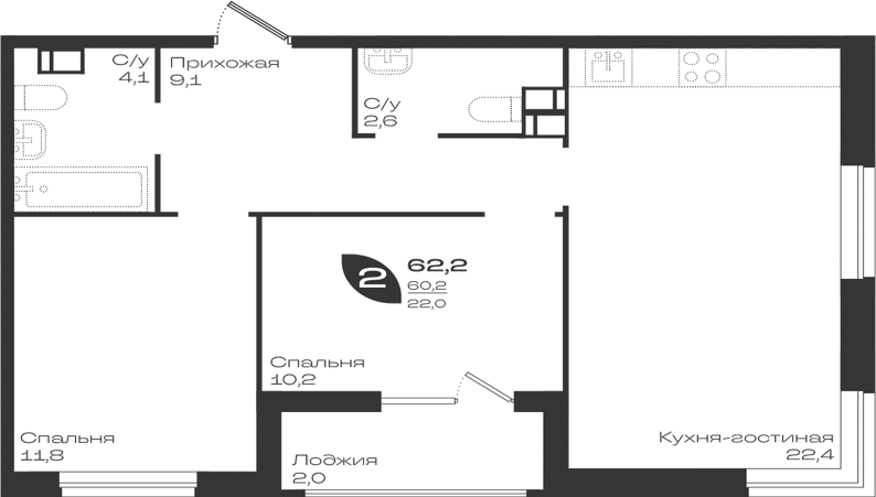 2-комн., 60.2 м², 9/9 этаж, ЖК «Ботаника»