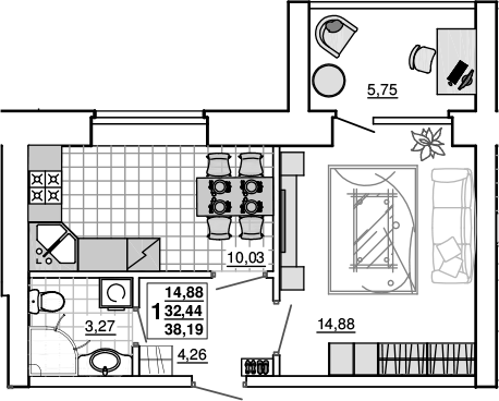 1-комн., 32.44 м², 2/5 этаж, ЖК «Новый Город. СЗ Премьерстрой»