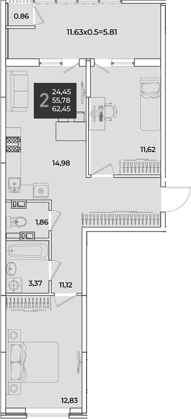 2-комн., 55.78 м², 7/18 этаж, ЖК «Образцово»