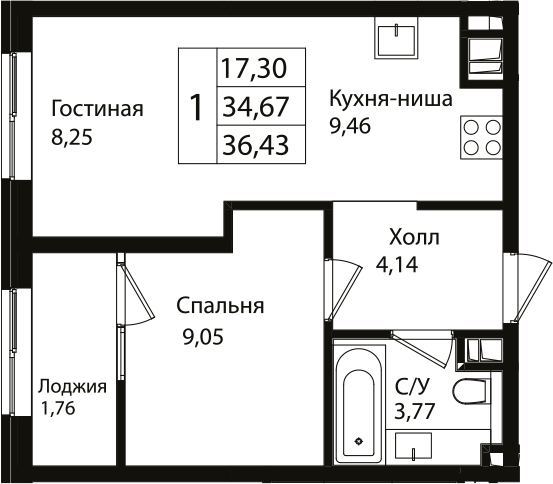 2-комн., 34.67 м², 8/12 этаж, ЖК «Патрики»