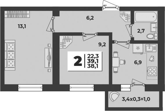 Продается 2-комн. квартира, 38.1 м²