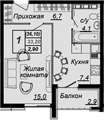 1-комн., 33.2 м², 12/16 этаж, ЖК «Чайные Холмы»