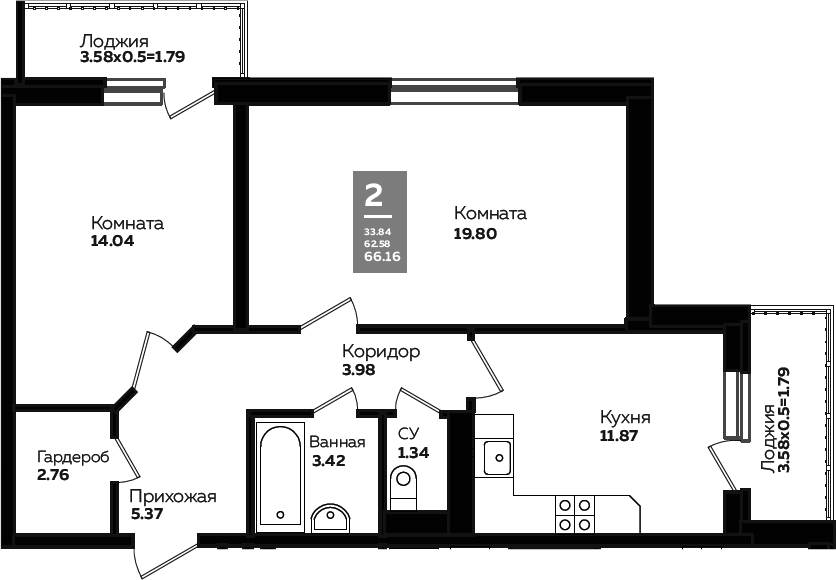 2-комн., 59.42 м², 20/24 этаж, ЖК «Левада»
