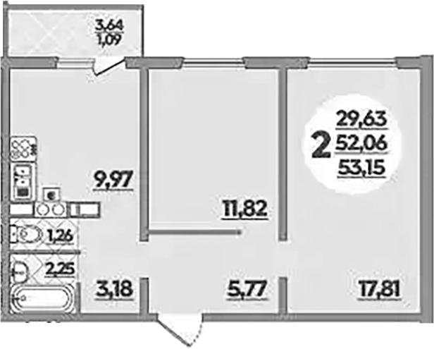 2-комн., 52.06 м², 2/5 этаж, ЖК «Тихорецк»