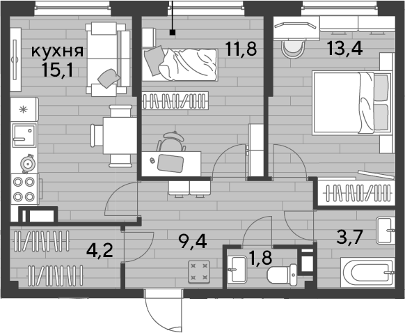 2-комн., 59.4 м², 12/16 этаж, ЖК «DОГМА ПАРК»