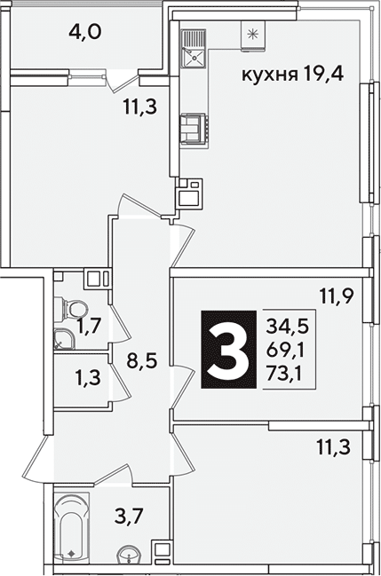 4+ комнаты, 69.1 м², 5/16 этаж, ЖК «Самолет»