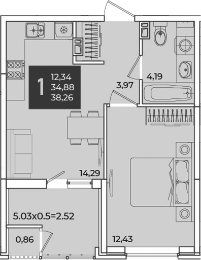 1-комн., 35.74 м², 3/18 этаж, ЖК «Образцово»