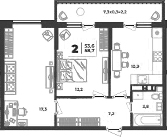 2-комн., 51.4 м², 4/9 этаж, ЖК «Лето»