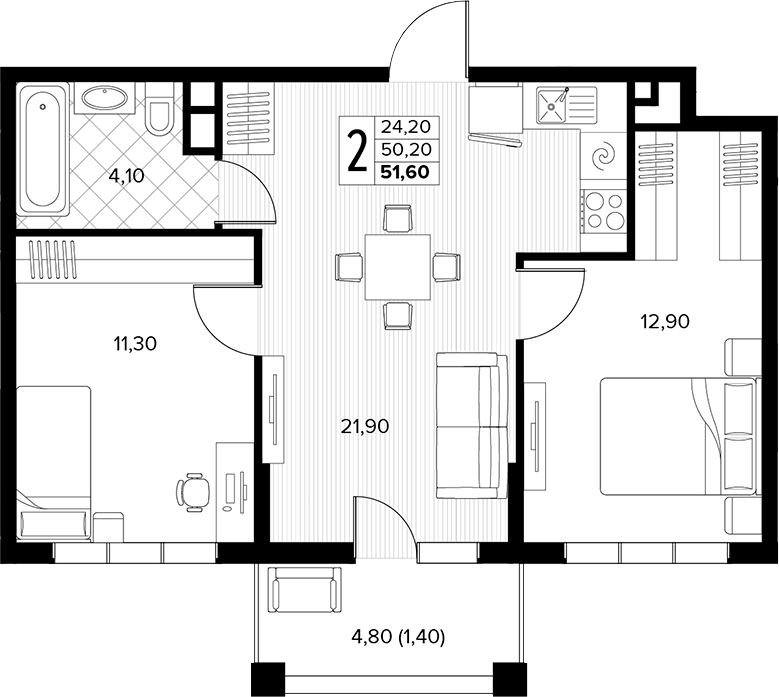 2-комн., 50.2 м², 3/6 этаж, ЖК «Кипарис»