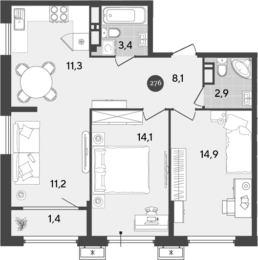 3-комн., 65.9 м², 12/18 этаж, ЖК «Порто-Ново»