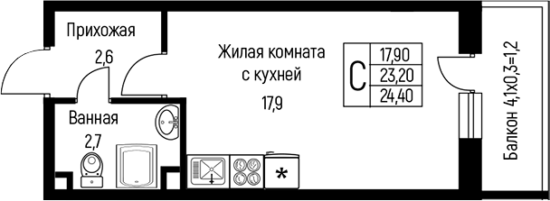 Студия, 23.2 м², 2/3 этаж, ЖК «Nova Vita»