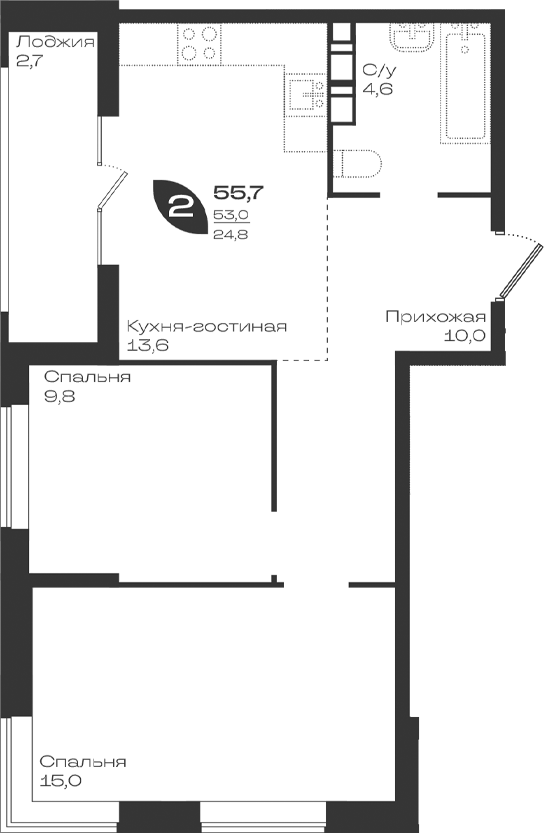 2-комн., 53 м², 6/9 этаж, ЖК «Ботаника»