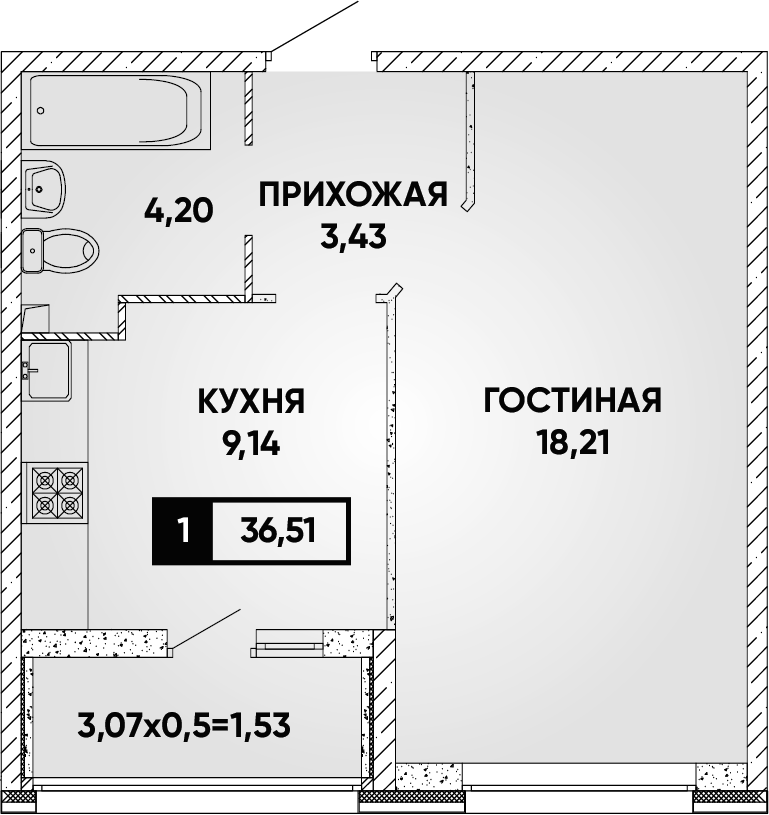 1-комн., 34.98 м², 2/18 этаж, ЖК «Архитектор. ГК ЮгСтройИнвест»