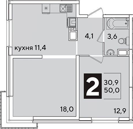 2-комн., 50 м², 14/16 этаж, ЖК «Самолет»