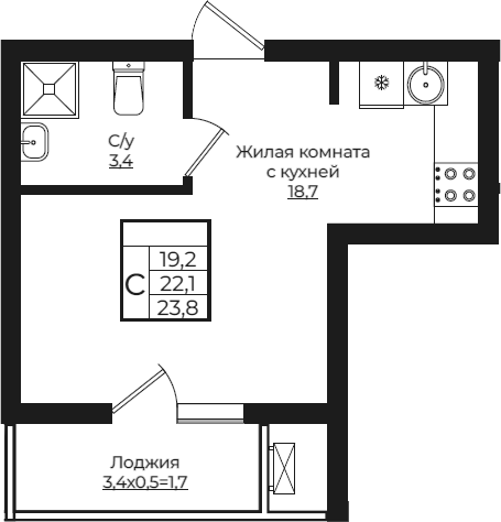 Студия, 22.1 м², 7/7 этаж, ЖК «Европа-Сити»