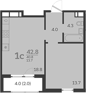 2-комн., 40.8 м², 17/24 этаж, ЖК «Все Свои VIP»