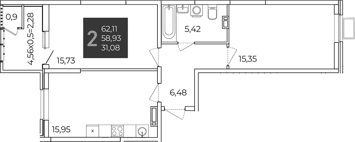 2-комн., 58.93 м², 15/21 этаж, ЖК «Образцово»