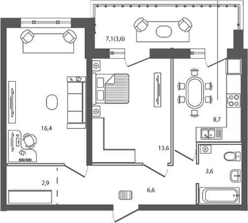2-комн., 53.8 м², 3/9 этаж, ЖК «Сиреневый бульвар»