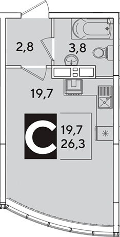 Студия, 26.3 м², 15/16 этаж, ЖК «Самолет»